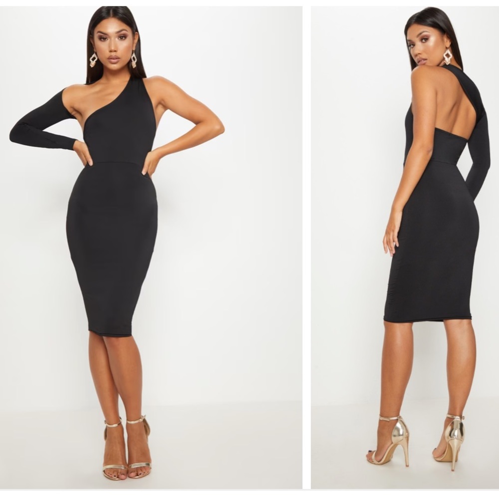 Plt prettylittlething Black Disco Slinky One Shoulder Midi Dress size us 6